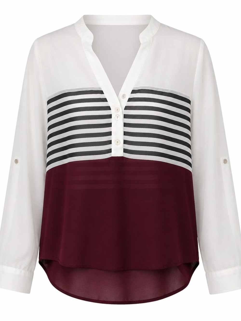 Double Zero V-Neck Color-Block Blouse Wht/Blk/Burg Sheer Chiffon Style M EUC